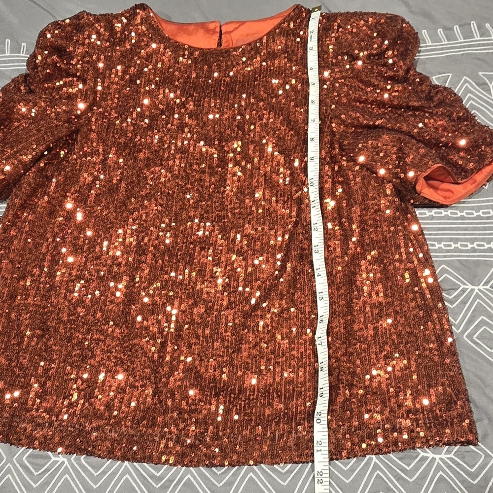 Anthropologie Burnt Orange Sequin Blouse With Puff Sleeves Size 2 - Picture 3 of 8